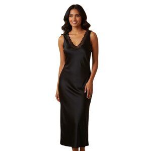 Nicole Miller Black Silky Lingerie Midi Dress Lace Trim Zip Closure Size 14